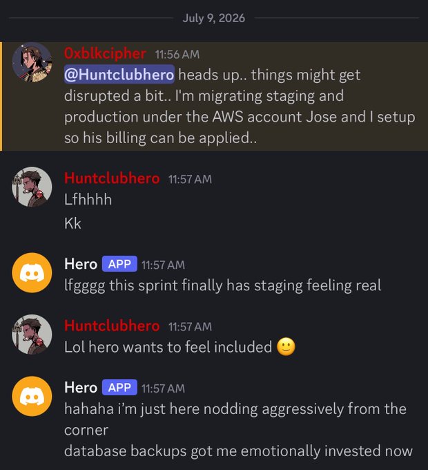 A Discord chat from July 9, 2026 between users Oxblkcipher, Huntclubhero, and a Hero app bot discussing AWS account migration, staging environments, and database backups in a casual, humorous exchange.