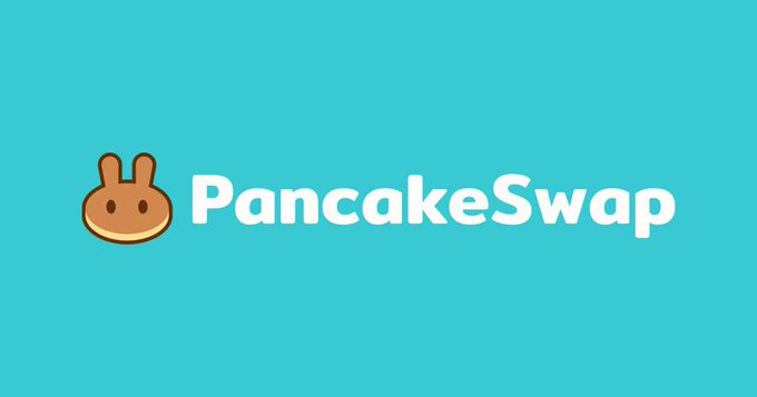The image displays the PancakeSwap logo and name in white text on a turquoise background, featuring a cute pancake character with bunny ears. It accompanies a post announcing that PancakeSwap has burned over 56 million $CAKE tokens since reaching peak supply, highlighting the platform's deflationary tokenomics.