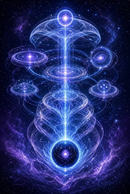 A glowing blue and purple cosmic structure featuring interconnected spherical orbs, swirling energy rings, and a central column of light against a starry nebula background. The intricate, multi-layered design symbolizes Beldex's privacy ecosystem of interconnected tools—reflecting the post's message of one unified network providing multiple privacy layers for everyday digital interactions.