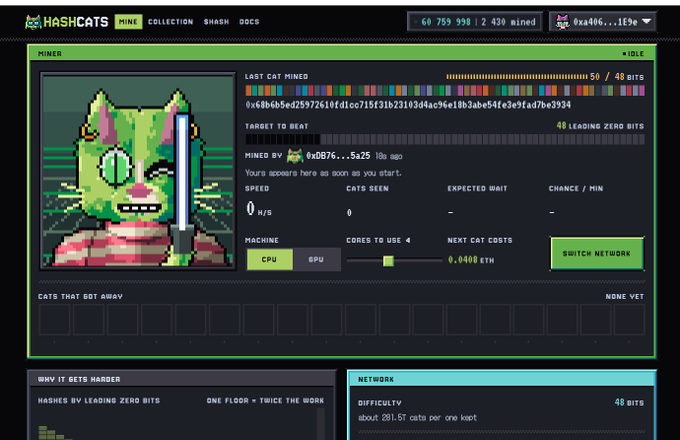 A screenshot of a pixel-art mining game called "HASH CATS" showing a green cat character with stats, mining progress, and buttons for CPU/GPU mining options.