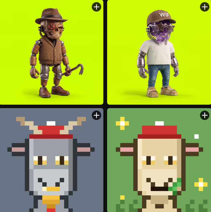 Four digital character designs are displayed in a grid: two 3D robotic figures (one in vintage attire with a hat and cane, another with a 'WIF' cap) and two pixel-art cow-like characters.