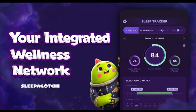 A promotional graphic for Sleepagotchi features a green dinosaur mascot in a space suit alongside a Sleep Tracker dashboard displaying an 84 sleep score, 74 consistency points, and 65 bedtime points for June 25th, promoting it as "Your Integrated Wellness Network." The image visually supports the post's theme of how Sleepagotchi rewards users simply for following their bedtime without lecturing them about sleep hygiene, showcasing the app's tracking interface and gamified wellness approach.
