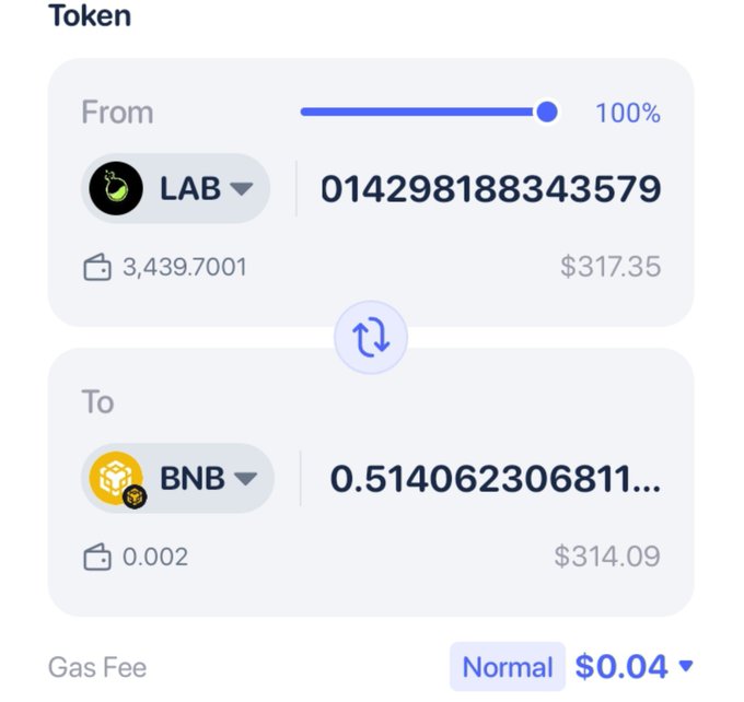 A cryptocurrency swap interface showing a conversion from "LAB" (3,439.7001, $317.35) to "BNB" (0.514062306811..., $314.09) with a gas fee of $0.04 at normal speed.