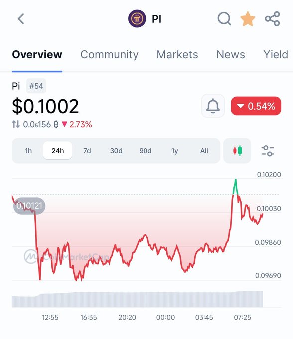 A mobile app screenshot displays the cryptocurrency 'PI' trading at $0.1002, showing a 24-hour price chart with a 2.73% decrease.