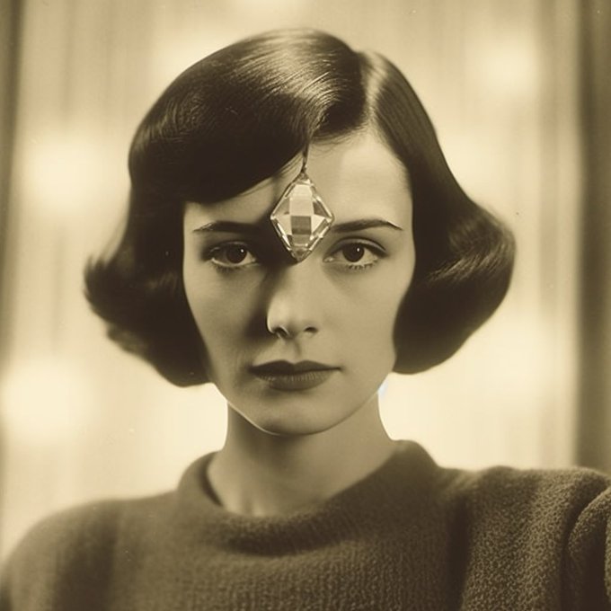 A sepia-toned vintage portrait of a woman with a short bob haircut featuring a distinctive diamond-shaped geometric hair ornament on her forehead.