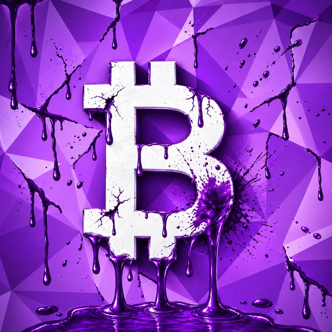 A stylized 3D rendering of the Bitcoin symbol dripping with purple liquid against a geometric purple background.