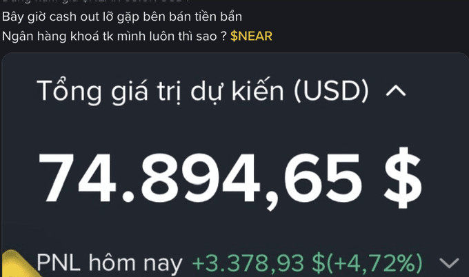 A screenshot of a trading interface in Vietnamese showing 'Tổng giá trị dự kiến (USD)' of '74.894,65 $' with a daily PNL of '+3.378,93 $(+4,72%)', with Vietnamese text above mentioning $NEAR.
