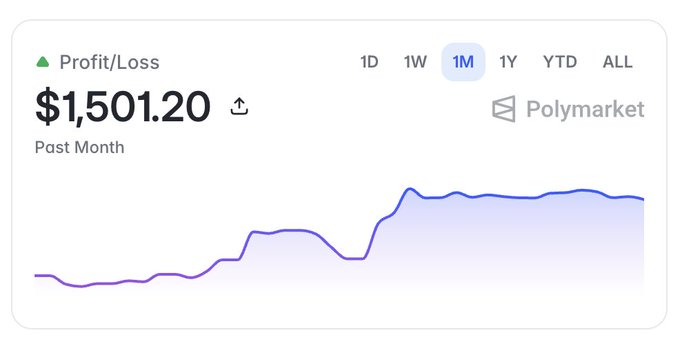 A financial chart shows a profit of '$1,501.20' over the 'Past Month' with a purple trend line, labeled 'Polymarket' with time period options including 1D, 1W, 1M, 1Y, YTD, and ALL.