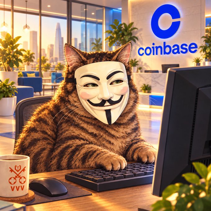 An AI-generated image of a tabby cat wearing an Anonymous/V for Vendetta Guy Fawkes mask, sitting at a desk with a keyboard in an office setting with a Coinbase logo visible in the background.