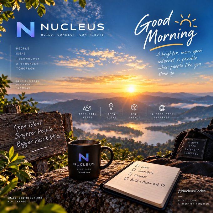 A promotional graphic for 'NUCLEUS' with the tagline 'BUILD. CONNECT. CONTRIBUTE.' featuring a sunrise mountain landscape, a branded coffee mug, a notebook with 'Learn, Contribute, Connect, Build a Better Web', and 'Good Morning' greetings.