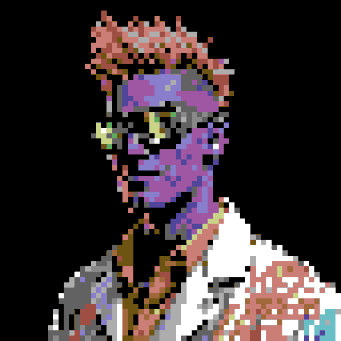 A pixelated glitch-art style portrait of a figure with a hat and sunglasses against a black background, featuring colorful distortion effects.