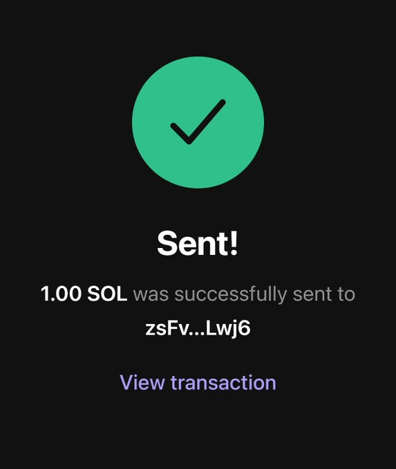 A mobile screen showing a successful transaction confirmation with a green checkmark, displaying 'Sent! 1.00 SOL was successfully sent to zsFv...Lwj6' and a 'View transaction' link.