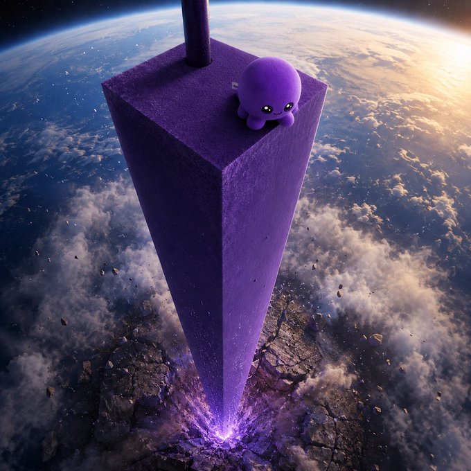 A surreal scene of a giant purple triangular spike descending from above the earth, with a small purple octopus-like creature sitting on top against a backdrop of clouds and sunlight.