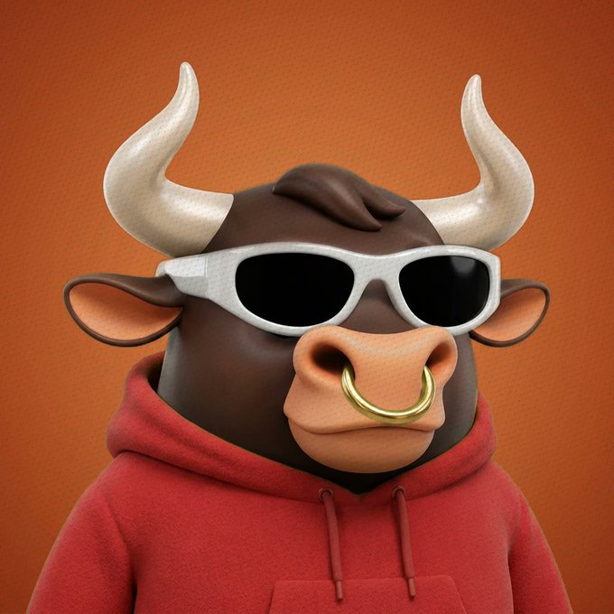A stylized 3D bull character with white horns, white sunglasses, a gold nose ring, and a red hoodie stands against an orange background. The bullish imagery visually reinforces the post's optimistic expectation of an NFT market resurgence.