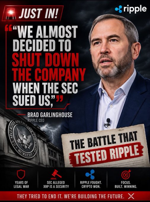 A graphic featuring Ripple CEO Brad Garlinghouse with the text 'WE ALMOST DECIDED TO SHUT DOWN THE COMPANY WHEN THE SEC SUED US,' labeled 'THE BATTLE THAT TESTED RIPPLE' with the Ripple logo.