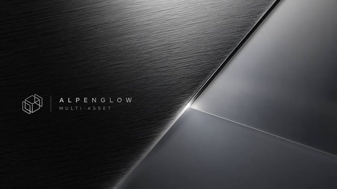 A sleek black and silver branded graphic displays the logo 'ALPENGLOW MULTI-ASSET' alongside dark water textures and metallic surfaces.