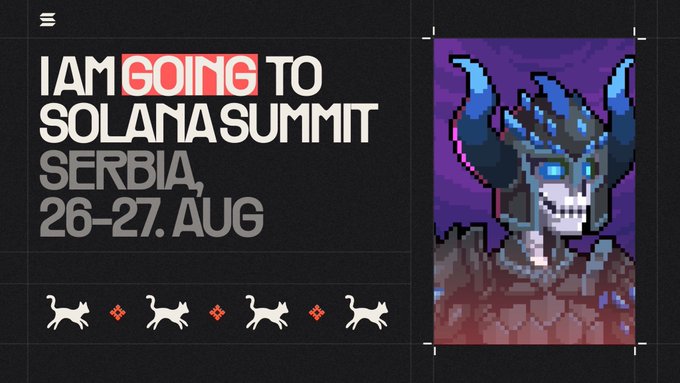A promotional graphic announcing attendance at Solana Summit Serbia on 26-27 August, featuring pixel art of a horned character alongside cat icons.