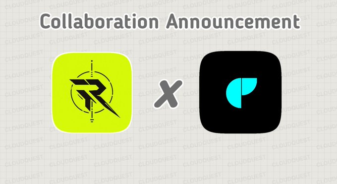 A "Collaboration Announcement" graphic displays two app icons side by side with an "X" between them: a yellow icon featuring a stylized "R" with a crosshair design, and a black icon with a cyan "P" logo, representing a partnership between the Rengers NFT project and another platform.