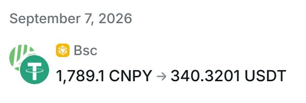 A screenshot dated September 7, 2026, shows a cryptocurrency transaction on the Bsc network converting 1,789.1 CNPY (from CNPY Network) to 340.3201 USDT. This appears to document an airdrop claim, though the poster notes they sold late, as the CNPY had briefly reached approximately $500 shortly after the token generation event.