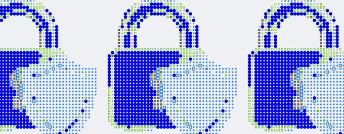 Three pixel-art style padlock icons displayed side by side, rendered in varying shades of blue and light green squares against a white background.
