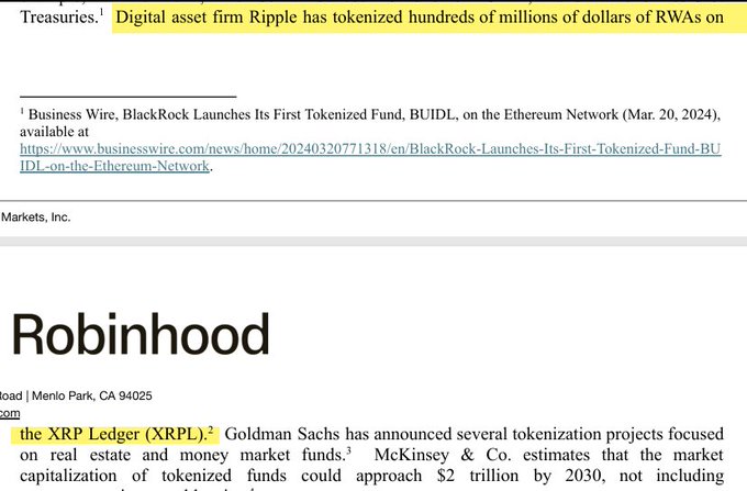 A screenshot of a document discussing tokenized Real World Assets (RWAs), mentioning that Ripple has tokenized hundreds of millions of dollars and highlighting 'the XRP Ledger (XRPL)' and 'Robinhood'.