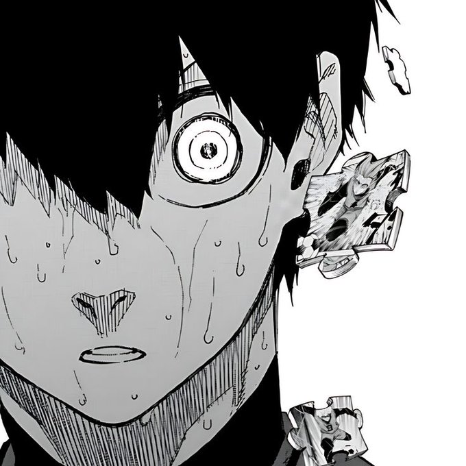 A black and white manga-style illustration of a young man with dark hair, wide eyes, and a shocked expression with sweat drops, and Japanese kanji characters in the background.