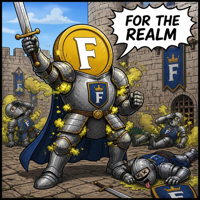 A comic-style illustration features a knight in silver armor with a gold coin emblazoned with 'F' on his shield, raising his sword and declaring 'FOR THE REALM' amidst defeated enemies and castle banners.