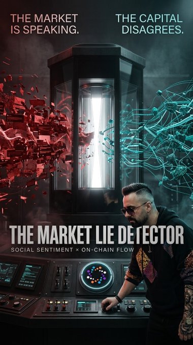 A promotional graphic titled 'THE MARKET LIE DETECTOR' with subtitle 'SOCIAL SENTIMENT x ON-CHAIN FLOW,' showing a man at a futuristic console with red and teal particles splitting from a glowing central chamber, captioned 'THE MARKET IS SPEAKING. THE CAPITAL DISAGREES.'