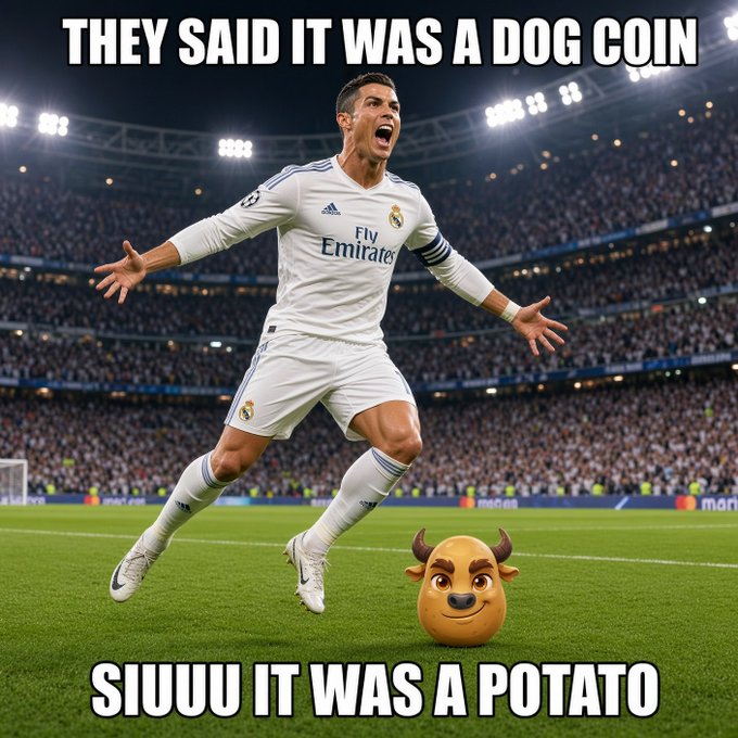 A meme featuring soccer player Cristiano Ronaldo in his Real Madrid uniform celebrating, with text reading 'THEY SAID IT WAS A DOG COIN' at the top and 'SIUUU IT WAS A POTATO' at the bottom, alongside a cartoon potato with horns.