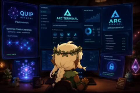 The image features a cartoon girl sitting at a desk, looking at a computer screen that displays three different projects related to Quantum Computing. These projects include "Quip Network", "Arc Terminal", and "The ARCTERMINAL". The girl is wearing a wreath on her head as she works on the projects displayed on the monitor.