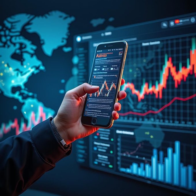 A hand holding a smartphone displaying a stock trading app with a chart, set against a backdrop of a larger monitor showing red financial charts and a world map.