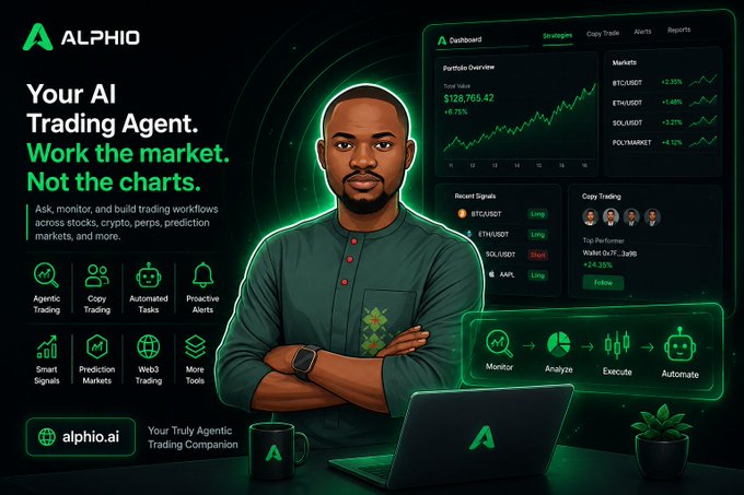 A promotional graphic for 'ALPHIO' AI Trading Agent featuring a Black man in a green shirt with crossed arms, alongside a dashboard showing portfolio value $128,765.42 (+6.75%) and trading features like Agentic Trading, Copy Trading, and Automated Tasks, with website alphio.ai.