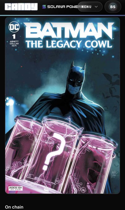 A digital comic book cover titled 'BATMAN: THE LEGACY COWL' featuring Batman standing behind glass beakers filled with purple liquid containing a question mark symbol, with 'CANDY SOLANA POWER MENU' and 'BS' branding at the top.