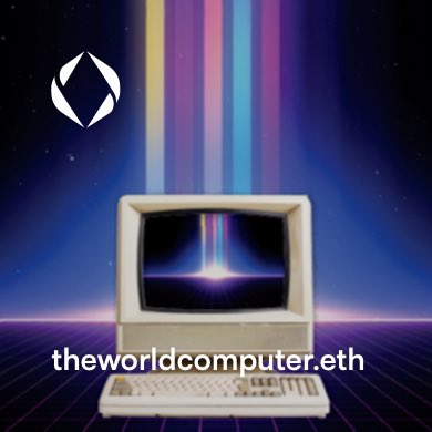 This photo depicts a modern computer with trippy colors written in white, "the world computer.eth." The post said it was a big fan of a particular computer. The image relates by displaying a futuristic and digital aesthetic.