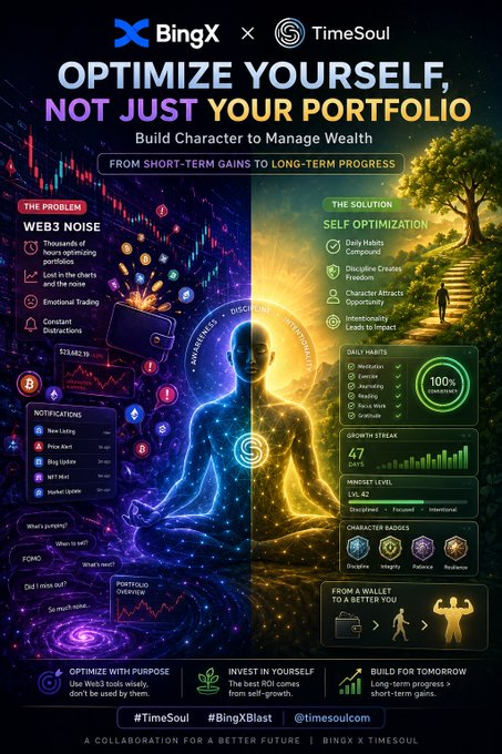 A BingX × TimeSoul collaboration infographic titled "Optimize Yourself, Not Just Your Portfolio" contrasting "Web3 Noise" (notifications, FOMO, emotional trading) with "Self Optimization" (daily habits, growth streak at 47 days, Level 42 character with Integrity/Purpose badges), illustrating the post's message that traders obsess over charts while neglecting personal development as the true driver of long-term success.