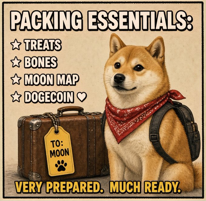 A retro-style graphic of a Shiba Inu dog wearing a red bandana and backpack beside a suitcase tagged 'TO: MOON', listing 'Packing Essentials: Treats, Bones, Moon Map, Dogecoin' with the caption 'Very Prepared. Much Ready.'