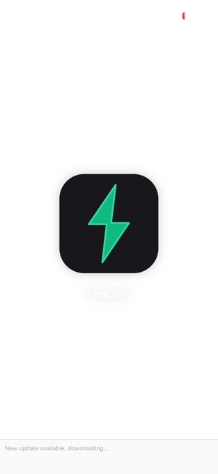 A launch screen for the "MintDash" mobile app displays a black app icon with a green lightning bolt, while a banner at the bottom notifies users "New update available, downloading..." — fittingly teasing the upcoming release of the @_mintdash app.