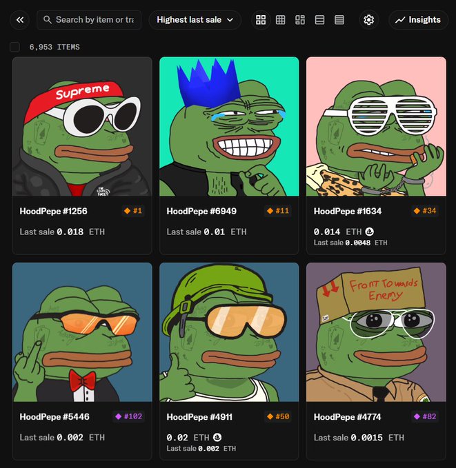 A NFT marketplace listing showing six "HoodPepe" cartoon frog collectibles with various accessories and hats, each displaying an item number, rank, and last sale price in ETH.
