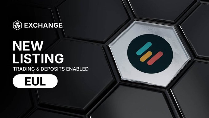 A promotional graphic for EXCHANGE announcing a new listing for the token EUL, with trading and deposits enabled, displayed against a dark hexagonal background.