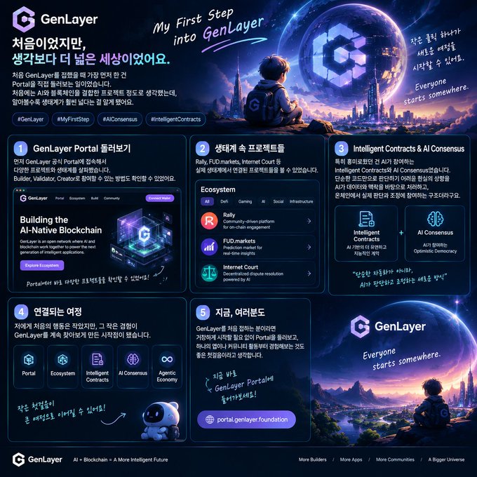 A detailed Korean-language infographic titled "My First Step into GenLayer," explaining the GenLayer ecosystem with sections on Portal, Ecosystem (Rally, FUD, Internet Court), Intelligent Contracts, AI Consensus, and Agentic Economy, accompanied by cosmic-themed illustrations.