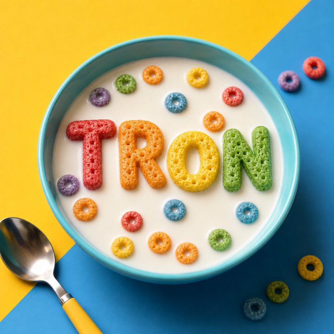 A turquoise bowl of milk features colorful cereal letters spelling out "TRON," surrounded by matching ring-shaped cereal pieces, with a silver and yellow spoon resting beside it on a blue and yellow background. The vibrant, playful breakfast scene visually reinforces the message by associating TRON with a familiar, everyday "bowl" experience, while the secure, foundational nature of milk and cereal hints at the institutional-grade custody, multi-signature protection, and code security highlighted in the accompanying text.
