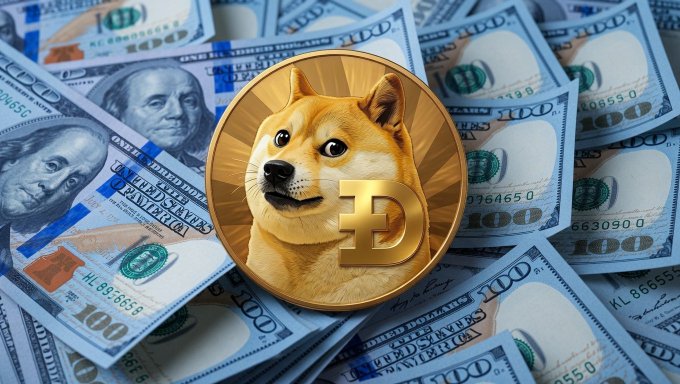 The image features a gold coin with a dog's head on top, surrounded by stacks of US dollar bills. The text "DOGE Is Money" is written above the coin, indicating that the dog's head represents the currency symbol for dogskin.