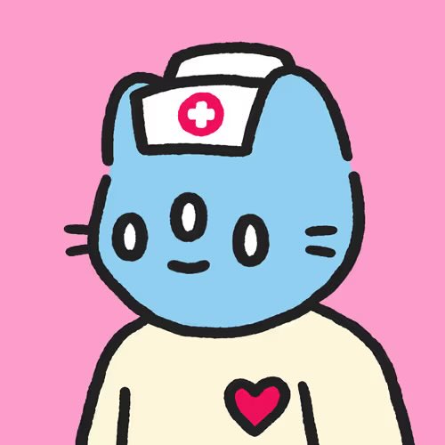 Cute cartoon illustration of a blue cat-like character wearing a nurse's cap with a red cross, against a pink background.