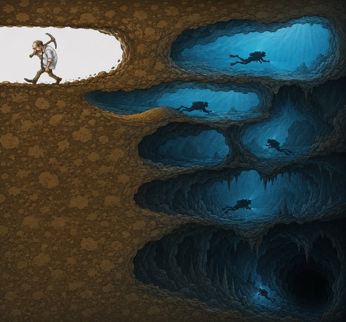 The image features a cave with multiple levels, each containing different colored rocks and people diving into them. There are five people in total, with one person standing at the top of the cave and four others exploring the various levels below. The cave is filled with blue rocks that resemble ocean water, adding to the overall underwater theme of the scene. The image also includes a caption that reads "ETH sellers", which could be related to the sale or purchase of these unique rock formations in the cave.
