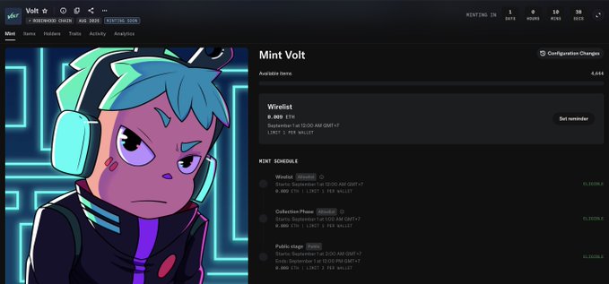 The Mint Volt NFT minting page on the Magic Eden marketplace, showing available items, a wishlist, and a mint schedule for phases like Collection Phase and Public Mint.