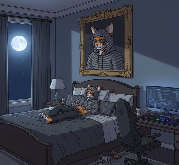 An anthropomorphic orange cat in a striped hoodie relaxes on a bed in a moonlit bedroom, while a large framed portrait of the same cat wearing a matching hood hangs above the headboard beneath the text "GETS." A gaming PC setup glows nearby, fitting the post's casual "goodnight" sign-off to online friends.