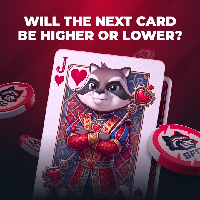 A promotional graphic for BetFury's HiLo game features a Jack of Hearts card with an illustrated raccoon king holding a heart-topped scepter, alongside red BFG tokens, with the headline "WILL THE NEXT CARD BE HIGHER OR LOWER?" encouraging users to guess the next card and win 1,000 BFG.