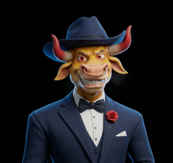 A 3D rendered anthropomorphic bull character wearing a navy blue suit with a black bow tie, white shirt, red rose boutonniere, and a cowboy hat against a black background.