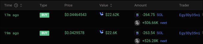 The image shows a table with three columns labeled "Time", "Price", and "Volume" against a black background. The first row displays the time of the trade, while the second row shows the price and volume of the trade. The third row contains the name of the cryptocurrency being bought or sold. The text in the image reads: "One wallet loaded with $NEET is coming In this horrible market, Neet is holding so strong". This message suggests that the trading platform is experiencing a significant increase in cryptocurrency transactions, and the user's wallet has been loaded with a substantial amount of NEET (Neural Coin). The post also mentions that the price of the cryptocurrency is currently $NEET.