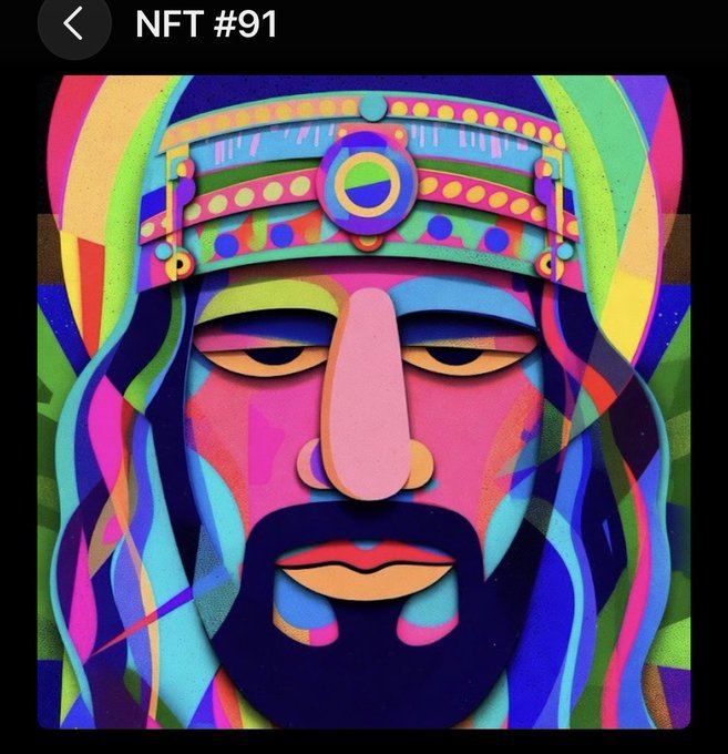 A vibrant, psychedelic digital artwork titled "NFT #91" features a stylized bearded figure with closed eyes and an ornate, jeweled headpiece rendered in bold neon pinks, blues, and greens, serving as the prize NFT awarded to @QueenofDogecoin in a giveaway announced via a Solana transaction link.